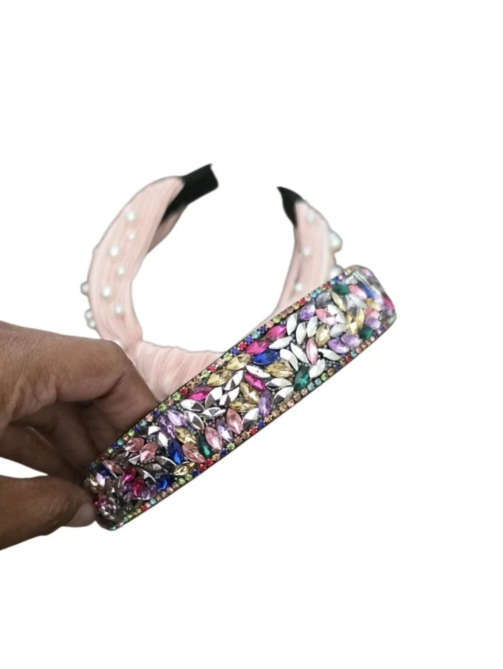 Elegant Pink Pearl Knot Headband & Multicolor Crystal Headband Set